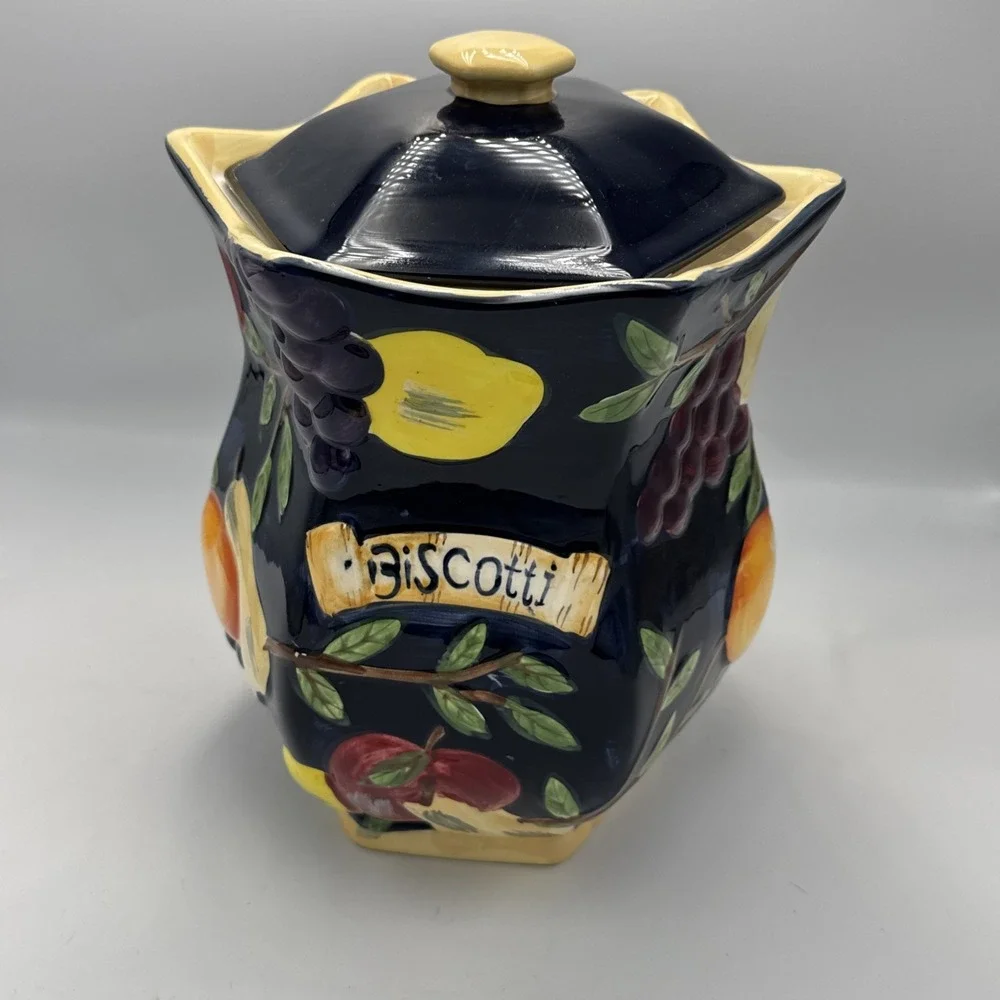 Hand Painted for Nonni's Biscotti Cookie Jar, Raised Fruit, Ceramic Canister